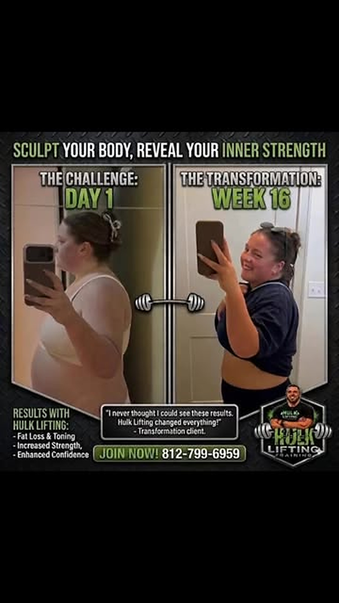 Client progress from day one to week sixteen with Hulk Lifting Training